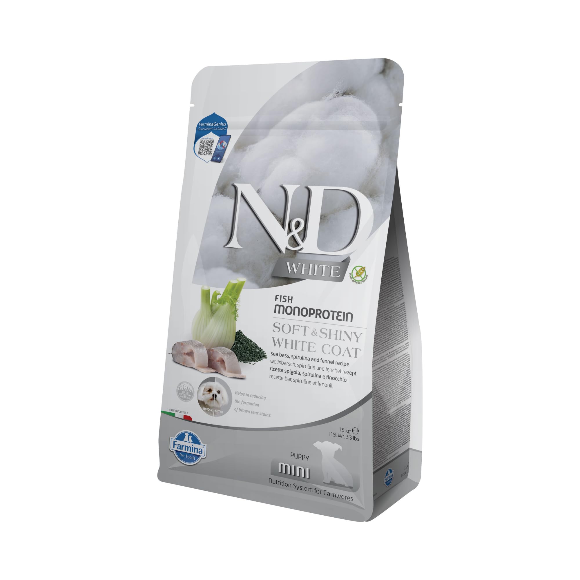 Farmina N&D White Branzino Puppy Mini crocchette 1,5 kg pelo bianco