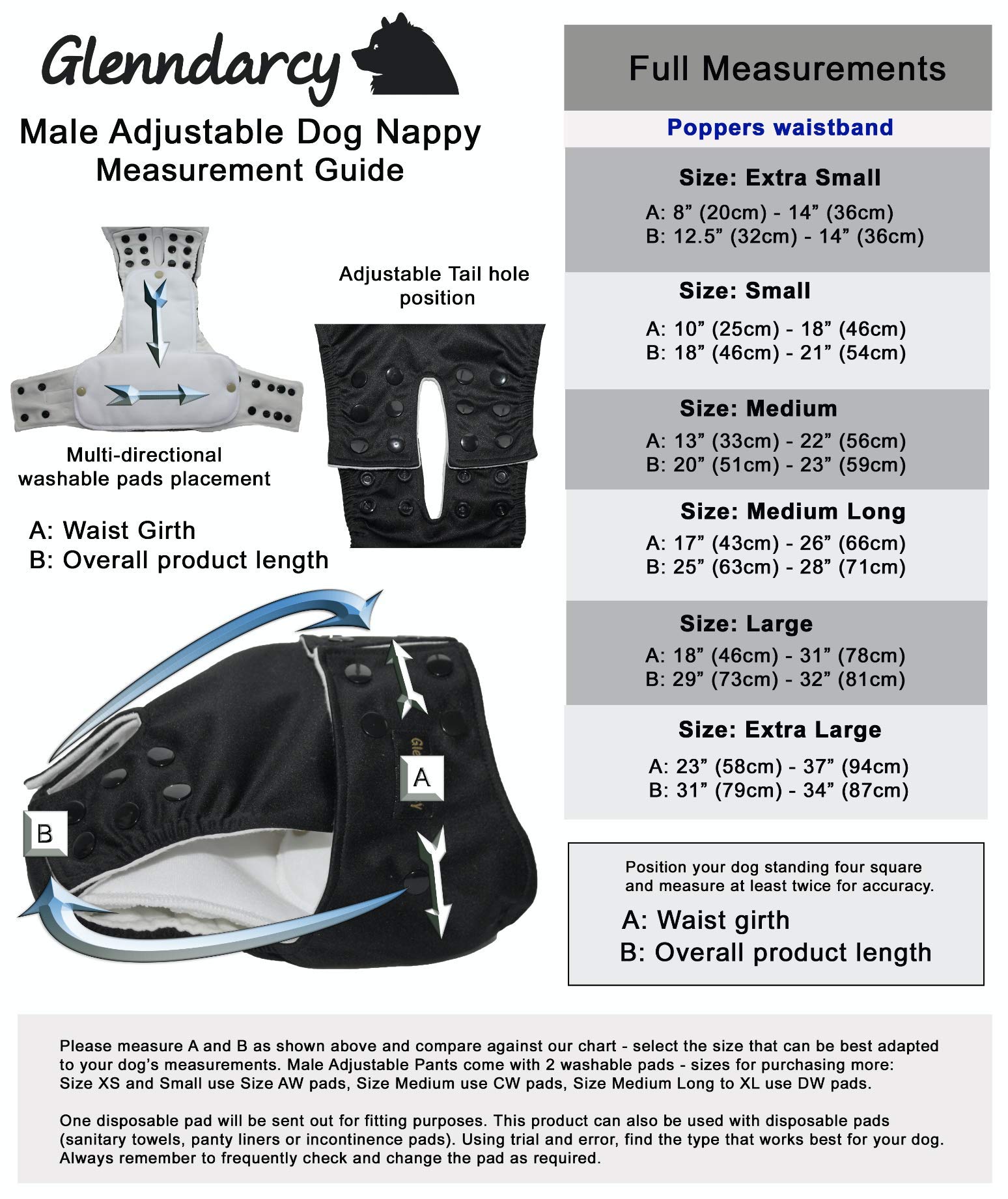 Glenndarcy Adjustable Male Dog Pants pannolino nero M lungo