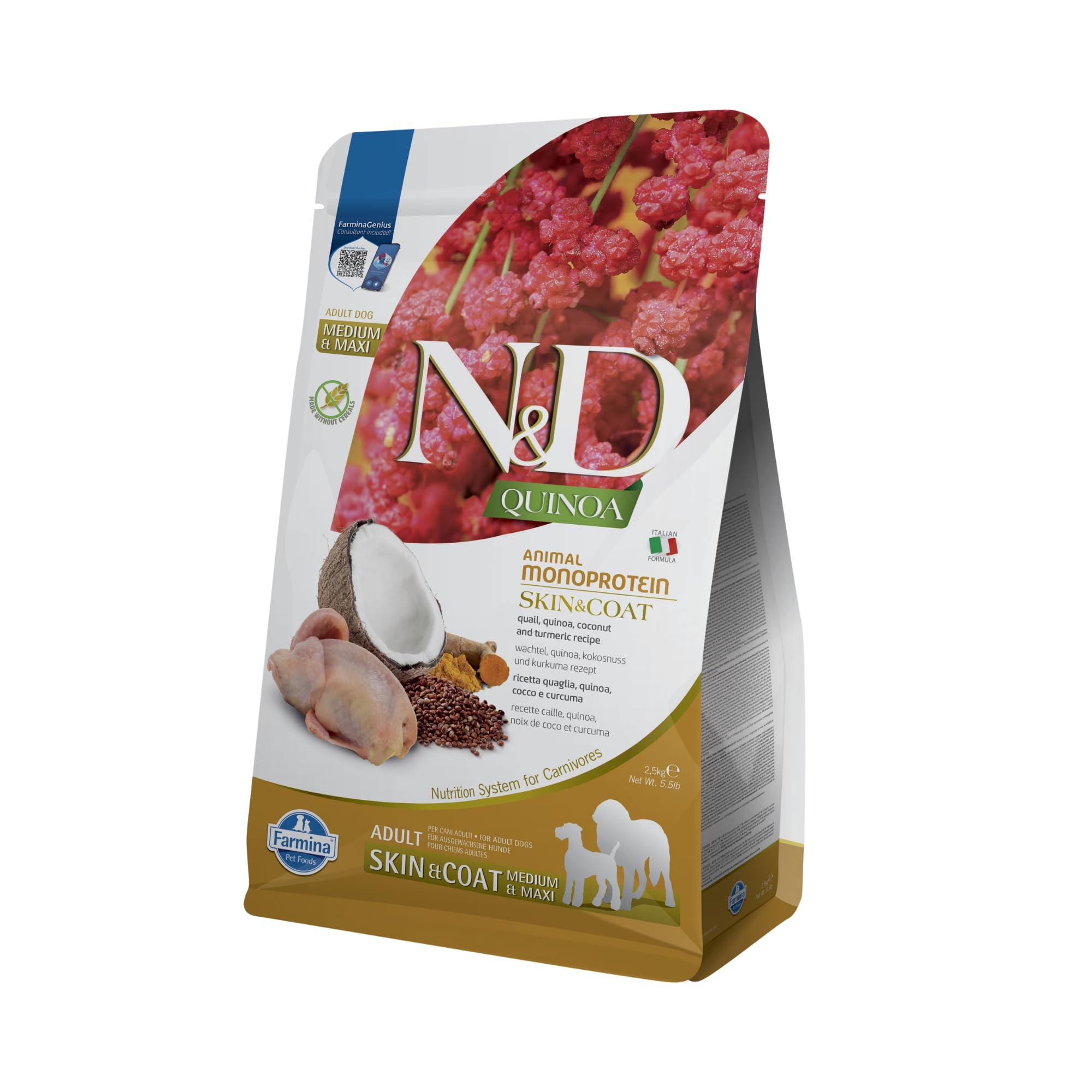 Farmina N&D Quinoa Quaglia crocchette cane 2,5kg Skin Coat