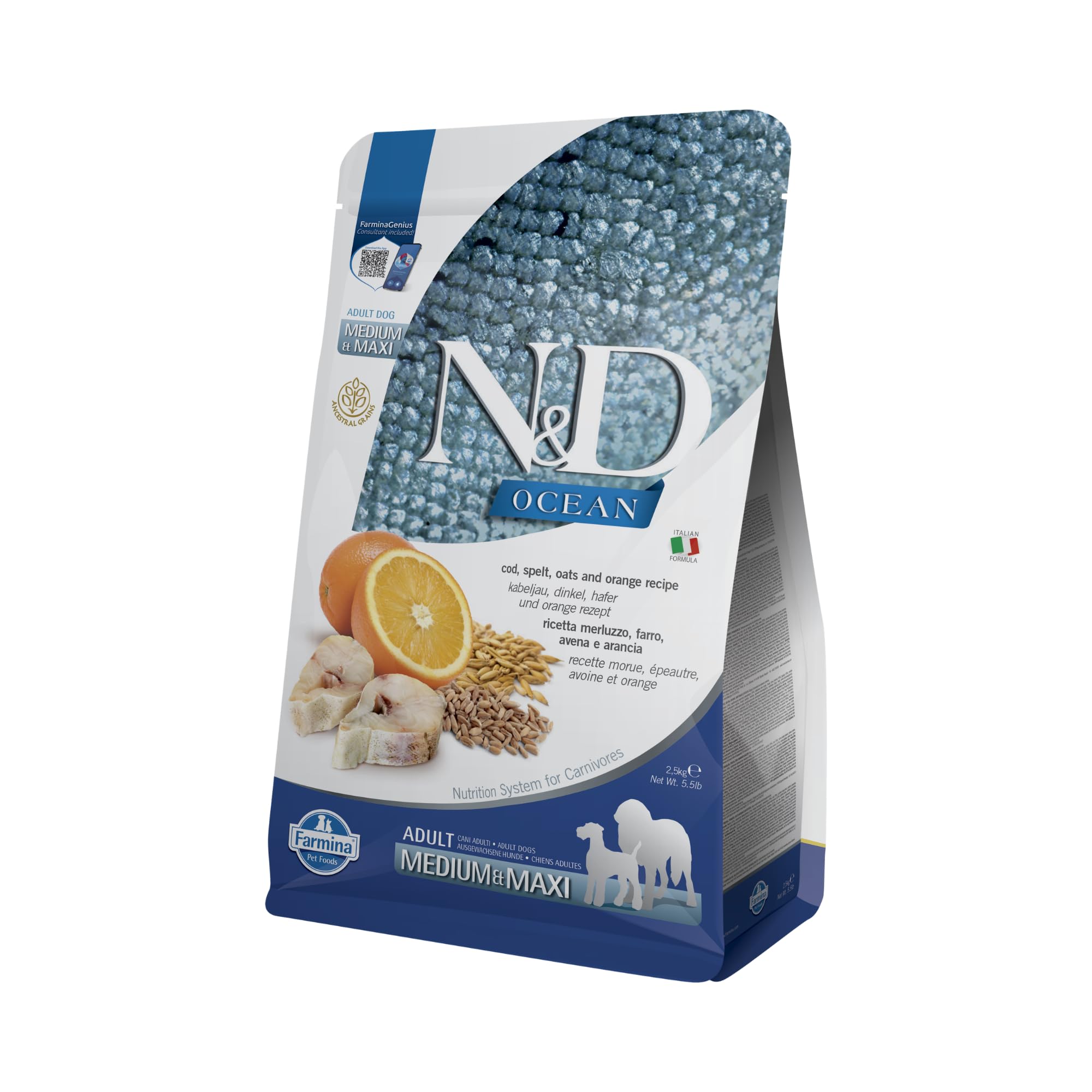 Farmina N&D Ocean Merluzzo Arancia crocchette cane medium maxi 2,5 kg