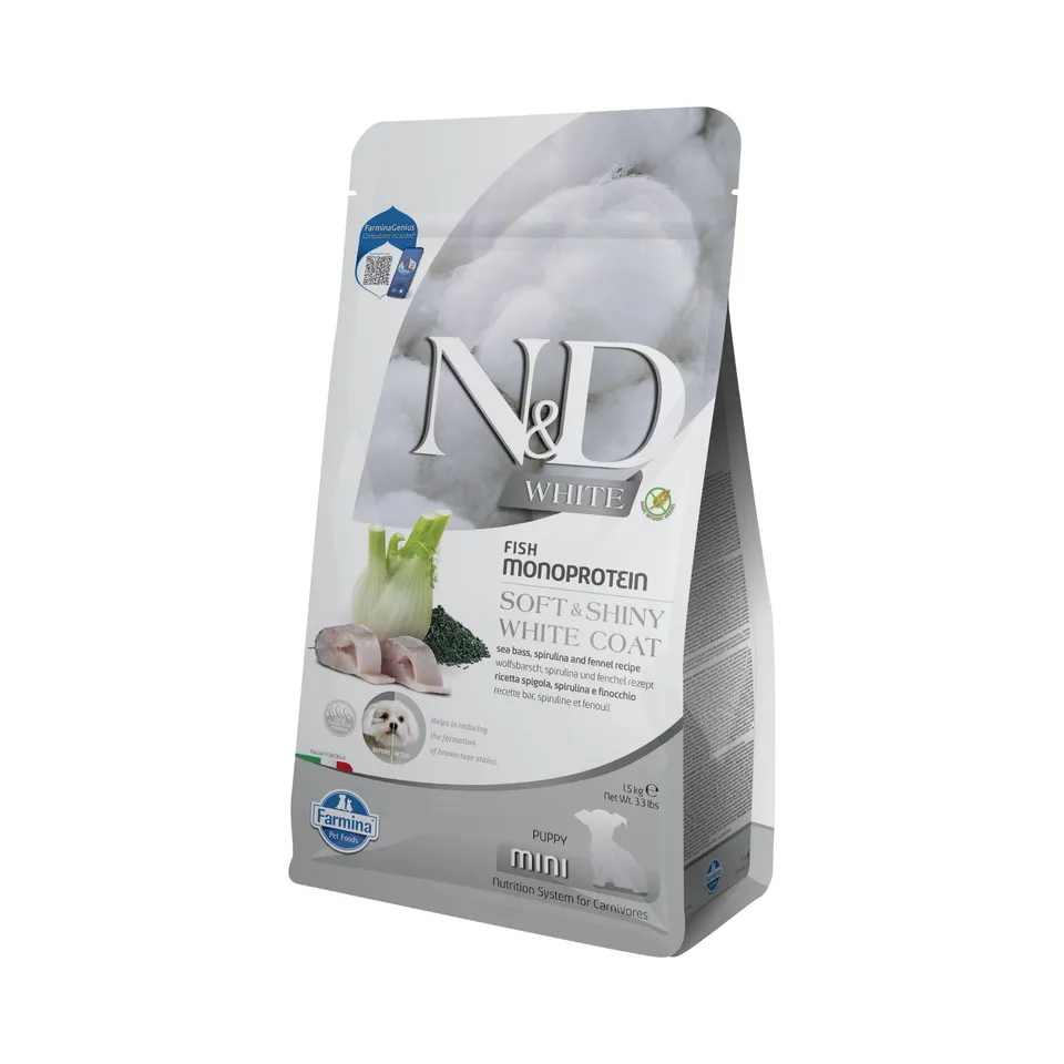 Farmina N&D White Branzino Puppy Mini crocchette 1,5 kg pelo bianco