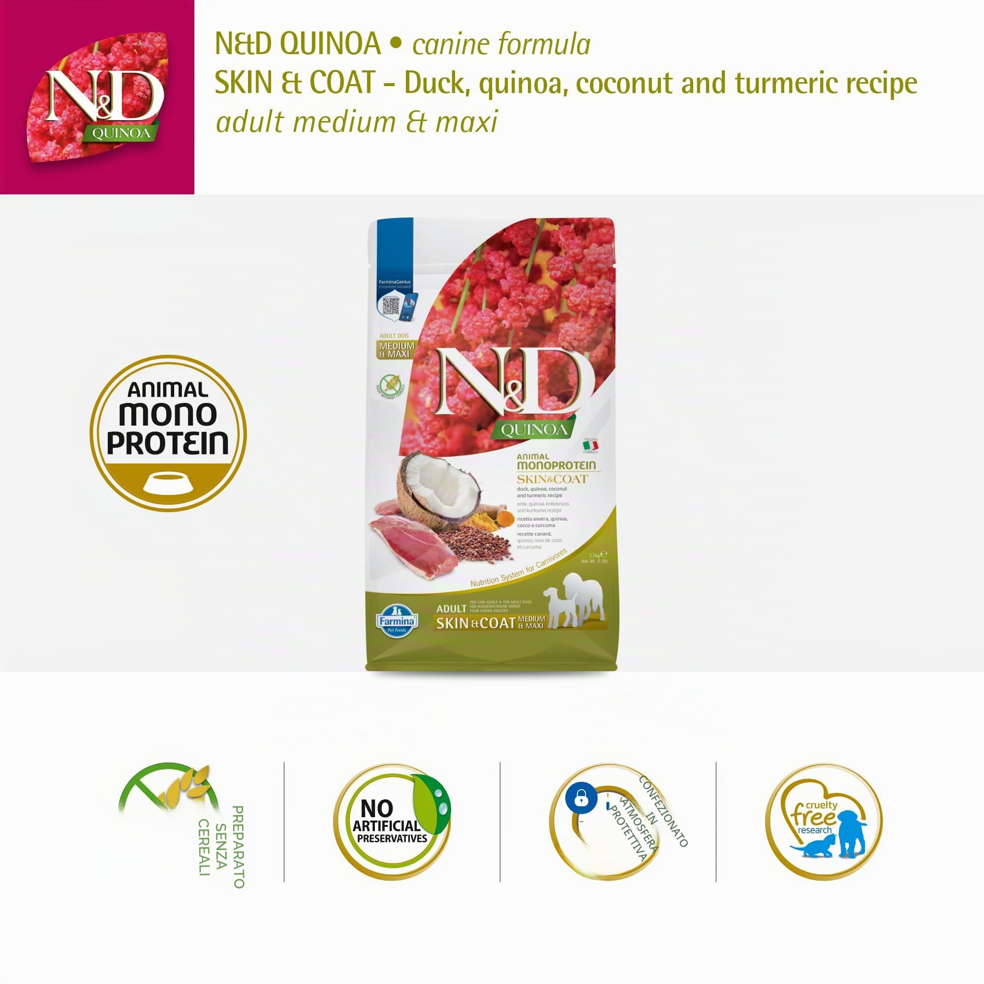 Farmina N&D Quinoa Crocchette Cane 2,5 kg Anatra Skin Coat